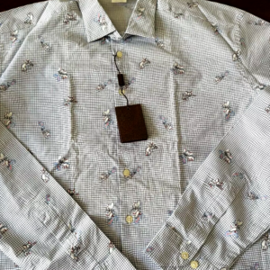 Etro Milano, camicia a maniche lunghe in cotone Fantasia gatti su fondo azzurro Taglia 45
