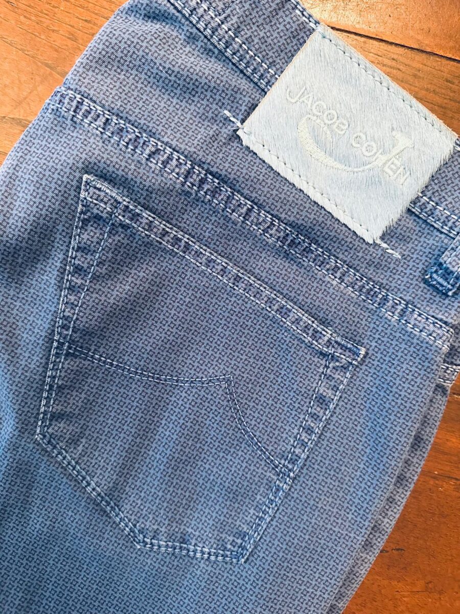 Jacob Cohen Academy pantaloni in cotone + elastan Fantasia su fondo azzurro Taglia W34