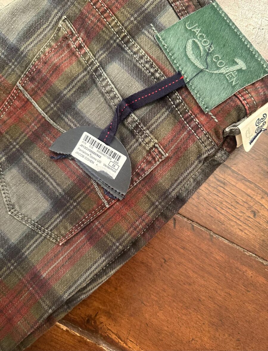 Jacob Cohen Academy pantaloni in cotone+elastan Tartan a fondo verde/bordeaux Taglia W33