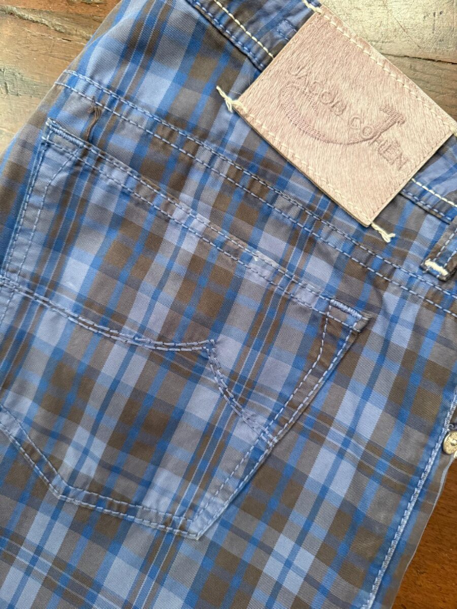 Jacob Cohen pantaloni in puro cotone Tartan a fondo azzurro Taglia W37 - Nuovi !